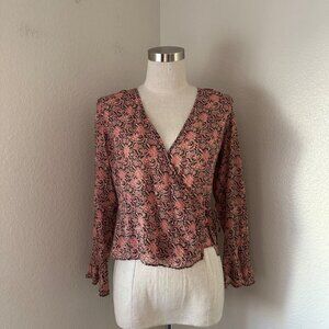 Loft Silk Wrap Blouse Long Sleeve Slit Cuffs & Cute Button Brown Pink Paisley